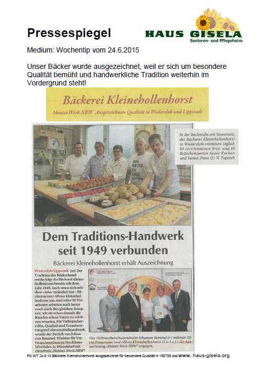 PS WT 24.6.15 Bäckerei Kleinehollenhorst ausgezeichnet für besondere Qualität H 150709