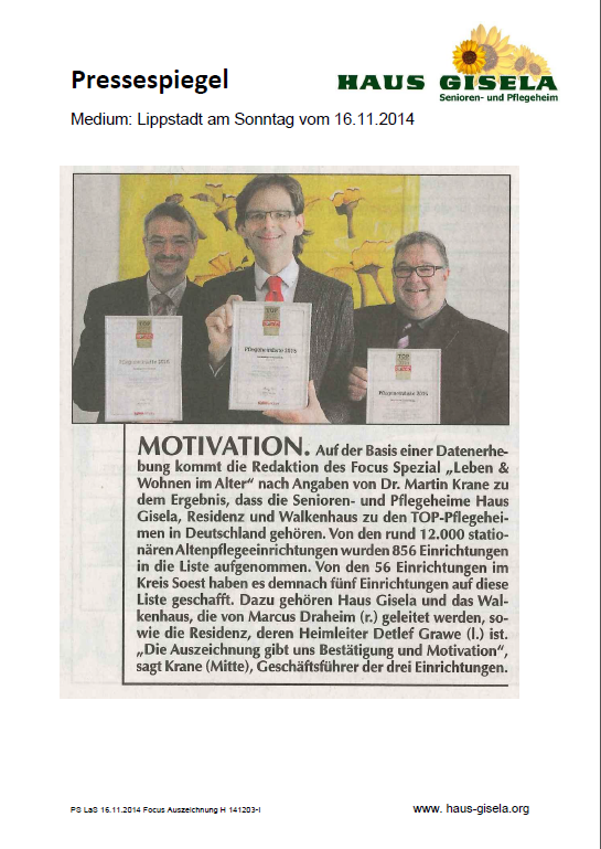 Focus Auszeichnung TOP-Pflegeheim